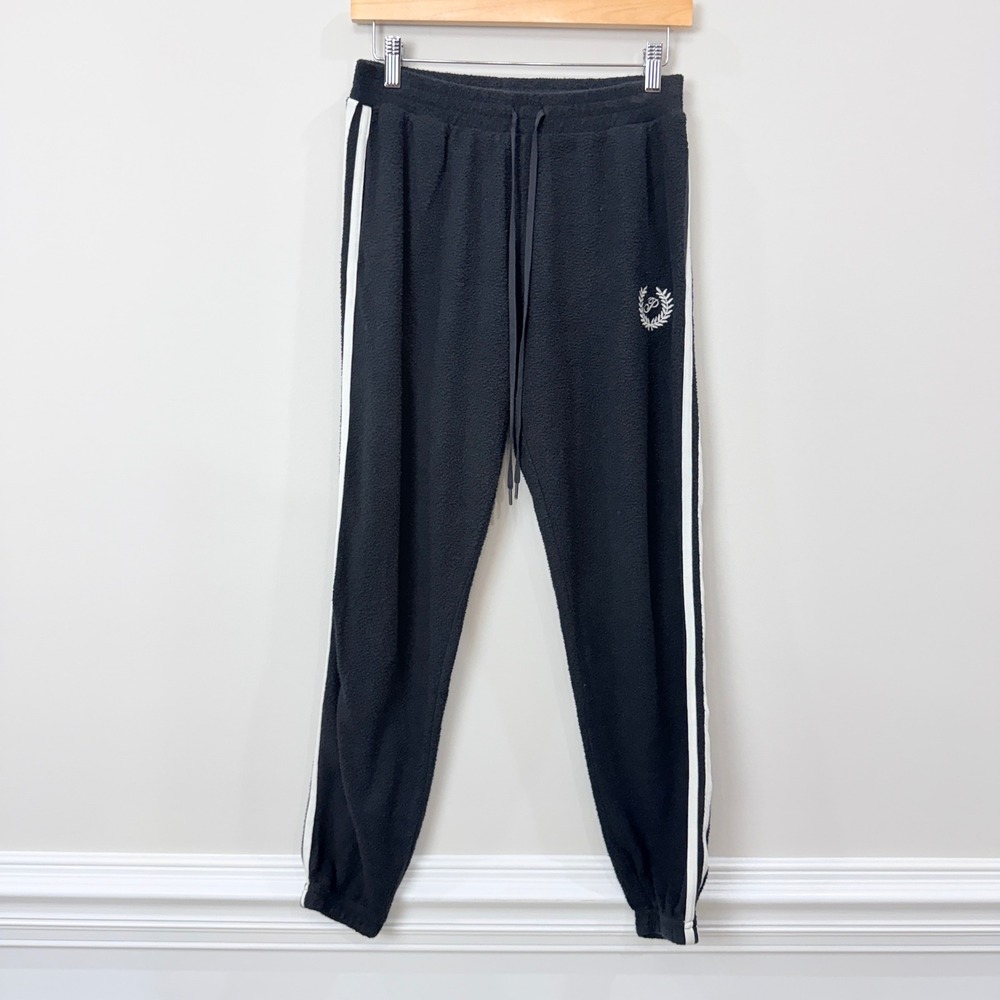 PINK Victoria's Secret Women XS Joggers Black Sherpa Fleece Side Stripe Pants